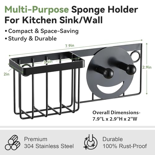 [Space Saving] Sponge Holder for Kitchen Sink, Great for Scrub Daddy/Scrub Mommy Sponges, Rust-proof Sink Sponge Caddy Organizer for Dish Brush, Scrubber - with Suction Cups & Hooks, Black - view 6