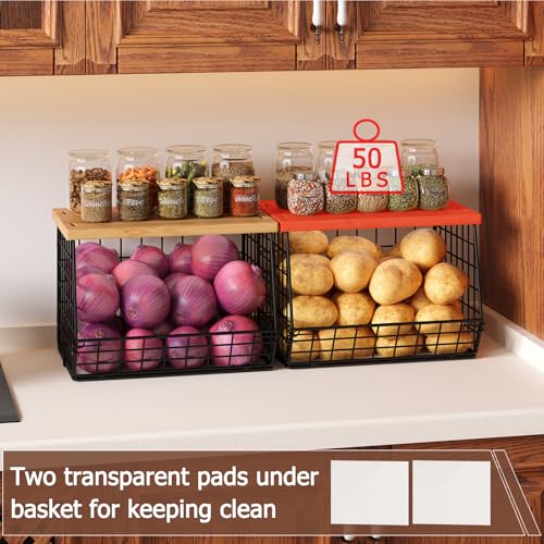 2 Set Stackable Wire Basket with Wooden Tops & Pad for kitchen organizers and storage, XXL Kitchen Counter Organizer for Fruit, Vegetable, Bread, Potato and Onion Storage Bin - view 2