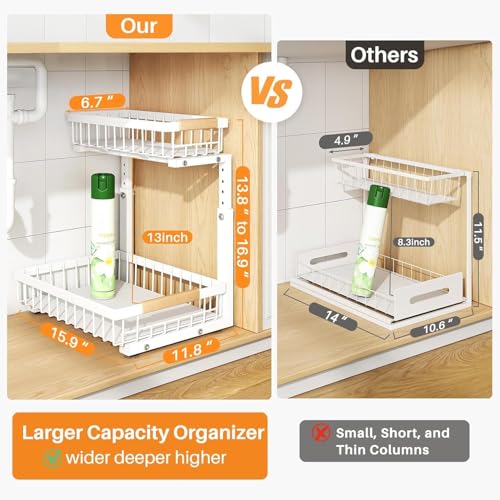 Under Sink Organizer, Adjustable Height, 2 Tier Pull Out Under Cabinet Organizer, Slide Out Thickened Metal Under Sink Storage for Kitchen Bathroom Laundry Pantry Cabinet, White, Large-2-Pack - view 2
