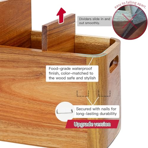 Wooden Kitchen Utensil Holder Organizer for Counter or Countertop, Large Wooden Utensil Holder for Storage Cooking and Silverware with 3 Compartment, Acacia Rustic Wood Container Extra Large - view 3