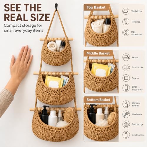 Compact 3-Tier Hanging Wall Basket Organizer with No-Drill Adhesive Hooks – Soft Cotton Rope Storage for Bathroom, Nursery & Small Spaces – Detachable, Renter Friendly - view 3