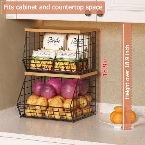 2 Set Stackable Wire Basket with Wooden Tops & Pad for kitchen organizers and storage, XXL Kitchen Counter Organizer for Fruit, Vegetable, Bread, Potato and Onion Storage Bin - view 3