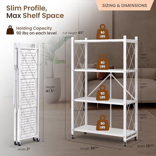 4-Tier Foldable Storage Shelf with Wheels | Metal Rack Collapsible Shelving Display | Rolling Cart for Books Kitchen Storage Shelves | Pantry & Closet Organizer | Office Room Decor - view 2