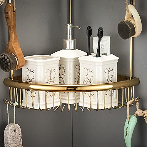 Rust-Free 2-Tier Brass Shower Caddy - Wall-Mounted Corner Shelves with Hooks for Shampoo & Bath Accessories, Space-Saving Bathroom Storage Solution - view 3