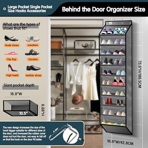 10 Tier Over The Door Organizer - Heavy Duty Hanging Storage Rack with Sturdy Oxford Fabric, Holds 20+ Pairs of Footwear, Boots & Sneakers, Saves 50% Closet Space (Gray) - view 2