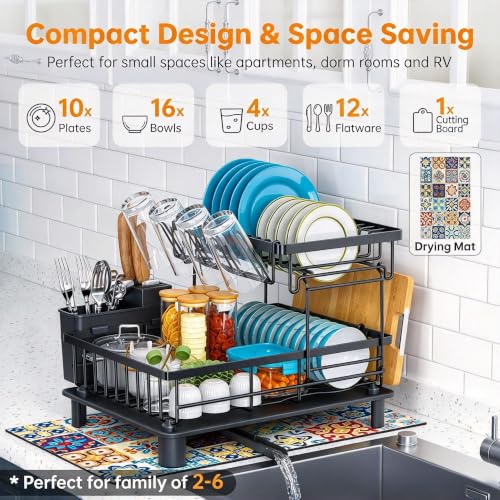 2 Tier Large Detachable Dish Drying Rack for Kitchen Counter,Black - view 2