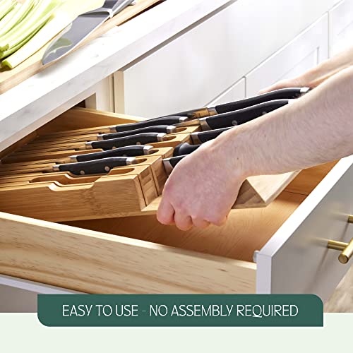 High-Grade 100% Bamboo Knife Drawer Organizer - 12 Slots Plus Sharpener, Secure, Practical, Eco-Friendly Knife Block - view 5