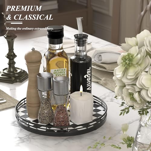 10-Inch Black and White Checkerboard Lazy Susan with Oak Base - view 2