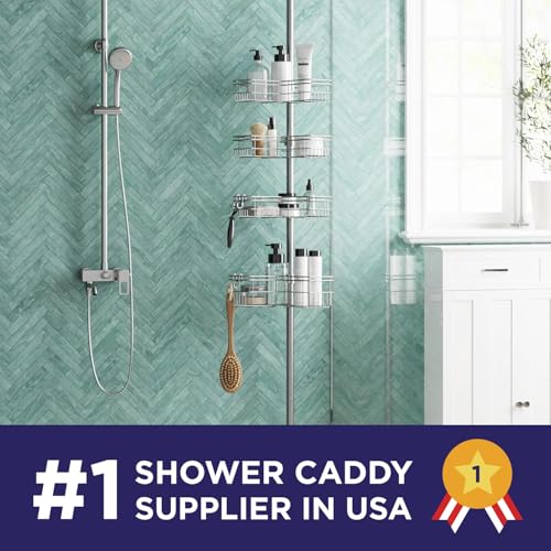 Tension Pole Shower Caddy Corner Organizer, Adjustable Standing Shower Caddy with 4 L-shaped Baskets and Hooks, Rust Resistant Bathroom Tension Rod Organizer, 60 to 97 Inch, Satin Nickel - view 2