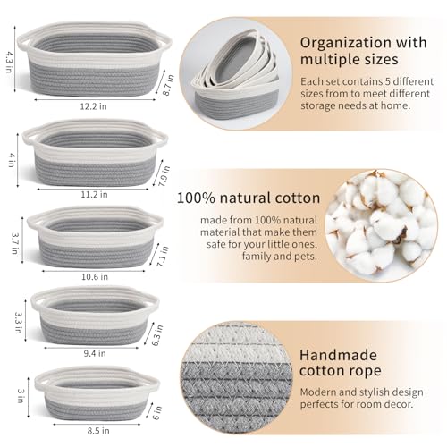 Set of 5 Woven Baskets - Rope Storage Solutions, Nursery & Organizing, Off White & Gray - view 2