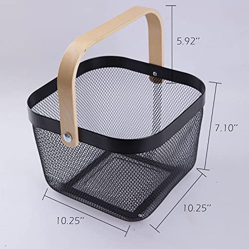 Square Metal Wire Woven Fruit Storage Bowl Basket with Wooden Handle, Large Black Mesh Fruit Stand, Multi-function Hanging Kitchen Baskets (Black, Normal 4PCS) - view 2