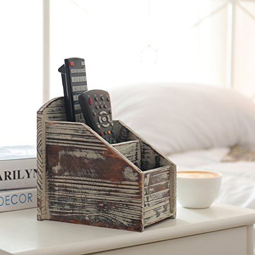 Torched Wood Remote Control Holder, 3-Compartment Tabletop Organizer - view 6