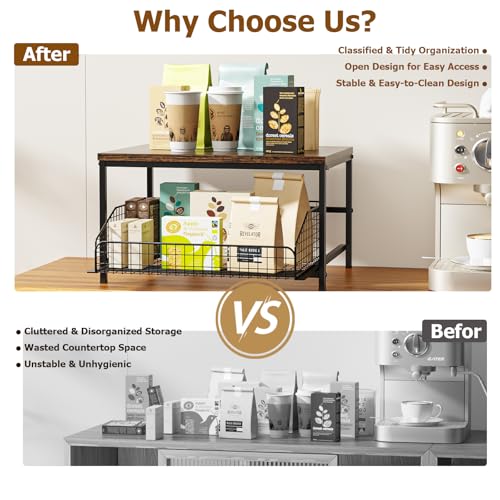 Pull Out Spice Rack Organizer for Cabinet,Rustic Wood Top with Wire Basket Storage,Kitchen Countertop Organizer and Storage for Pantry, Counter top,Coffee Station Wood. (Brown) - view 4