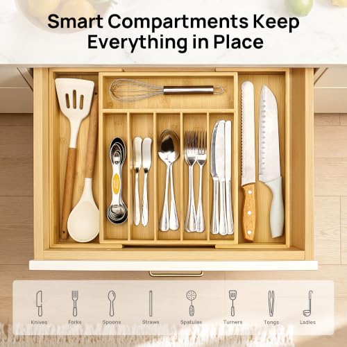 Silverware Organizer, Bamboo Kitchen Drawer Tray, Natural, Large - view 6