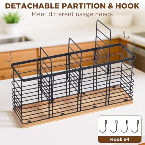 4 Compartments Extra Large Kitchen Utensil Holder with Wooden Base, Metal Organizer for Kitchen Countertop, Matte Black Cooking Utensils Holder with 4 Hooks for Tools Storage - view 5