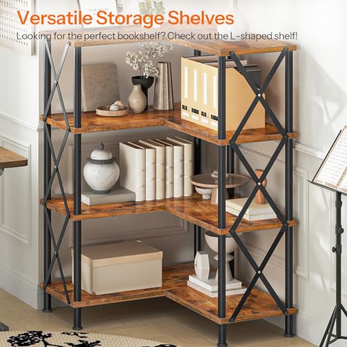 Corner Bookshelf, 4-Tier L-Shaped Bookcase, Industrial Open Display Shelf Tall Storage Organizer, Vertical Storage Rack, for Living Room, Home Office, Rustic Brown and Black BF59SJ01 - view 5