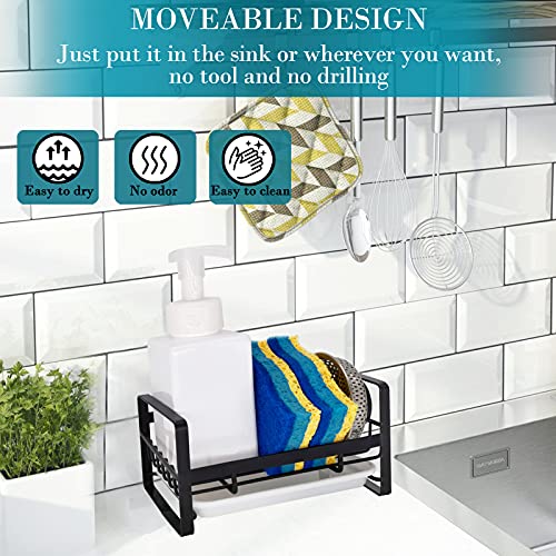 Kitchen Sink Caddy Sponge Holder Organizer, Sink Tray Drainer Rack, Soap Dish Dispenser Brush Holder Storage Accessories - Countertop or Adhesive Wall Mount, Matte Black Stainless Steel - view 2