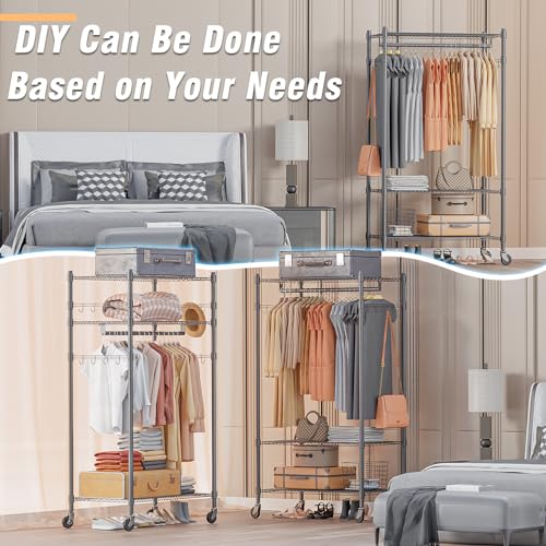Narrow Rolling Garment Rack with Double Rods and 3 Adjustable Shelves, Compact Portable Closet Organizer for Bedroom, Dorm, Laundry Room, 23.62" W x 16.54" D x 80.71" H, Gray - view 6