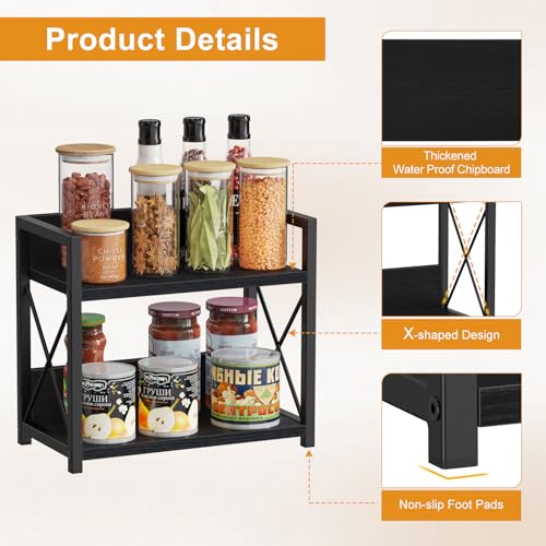 Kitchen Counter Shelf, 2 Tier Kitchen Spice Rack Organizer for Countertop, Wood Coffee Bar Organizer for Home (Black, S) - view 3