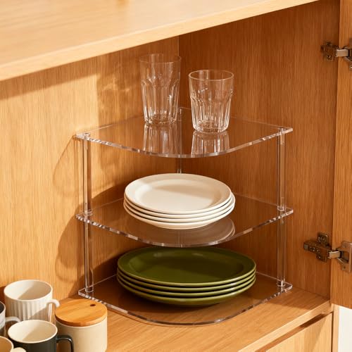 Plate Organizer for Cabinet Space Saver, Clear Acrylic 3-Tier Corner Shelf for Kitchen Storage, Holds Dishes and Bowls, Compact Bathroom Shelf for Organized Spaces - view 4