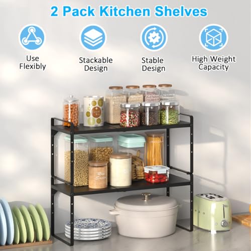 15.5 to 25.5 Inch Expandable Kitchen Cabinet Organizer Shelf, 2 Pack 30 LBS Heavy Duty Adjustable Kitchen Counter Storage Shelves Organizers,Stackable Small Storage Shelf Rack For Cabinet Cupboard - view 3