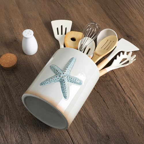 Ceramic Starfish Embossed Utensil Holder, Large Cooking Utensil Crocks for Countertop, Ocean Style Utensil Organizer for Spatula - view 7