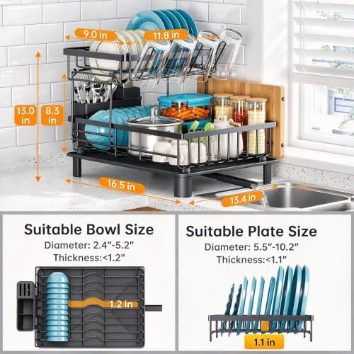 2 Tier Large Detachable Dish Drying Rack for Kitchen Counter,Black - view 3