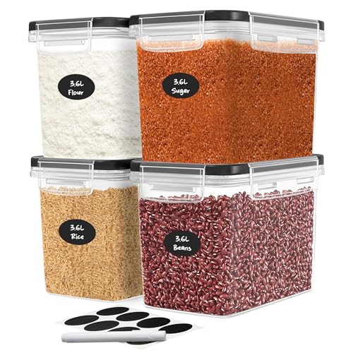Flour Sugar Storage Containers Set of 4; 3.6L Plastic Airtight Food Storage Containers with Lids for Kitchen Pantry Organization and Storage - Dry Food Containers, Labels & Marker