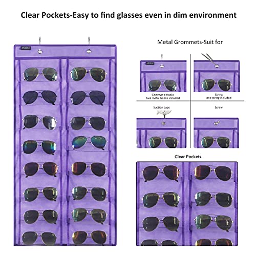 Over the Door Hanging Sunglasses Organizer Storage Sunglass Rack Holder Eyewear Display Case with 16 Clear Dust Proof Pockets (16 Pockets-Purple) - view 4