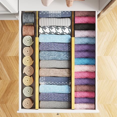 Bamboo 4 Pack Dresser Drawer Dividers, 4.65“ High Adjustable 17“-22” Drawer Organizers, Expandable Organization for Clothing, Clothes, Dressers, Natural - view 4