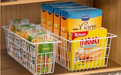 Wire Storage Baskets, Large Farmhouse Metal Freezer Basket Storage Organizer Bins with Handles for Kitchen Cabinets, Pantry, Closets, Bedrooms, Bathrooms, Set of 6, White - view 7