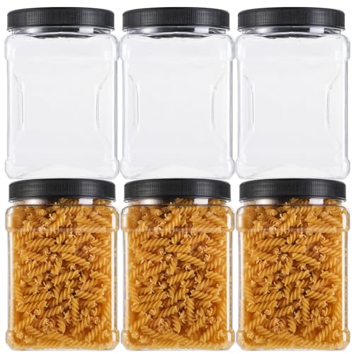 Square Plastic Jars with Lids - Clear Empty Storage Containers for Food Storage, Plastic Food Jars with Easy Grip Handles for Dry Goods Cookies Rice and More (6 Pack 60 Oz)