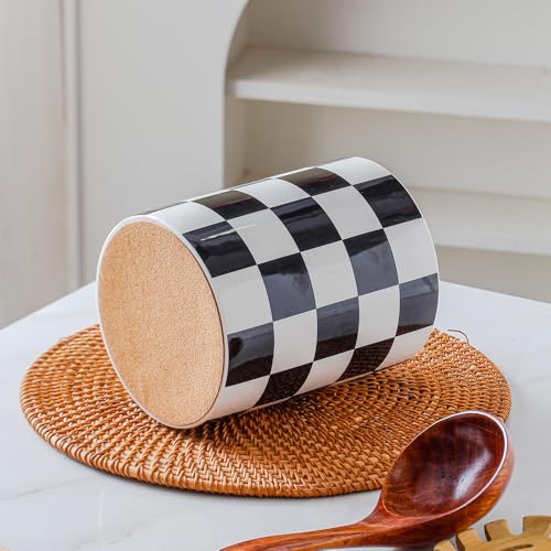 Kitchen Utensil Holder, 6.3 Inch Checkered Ceramic Cooking Utensil Holder Modern Utensil Crocks for Kitchen Counter-Farmhouse, Housewarming Gift, Decor and Accessories (Black, 6.3 Inch) - view 3