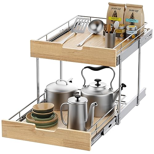 Pull Out Cabinet Organizer,Heavy-Duty Slide Out Shelf, Wood and Wire Basket, Pull Out Drawer for for Kitchen Under Sink Space, Pantry, Bathroom, 2 Tie 14 * 21 in