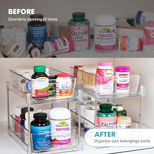 2 Pack Clear Bathroom Organizers and Storage, 2 Tier Pull Out Under Sink Cabinet Organizer Plastic Drawer Organization and Storage for Bathroom and Kitchen - view 5