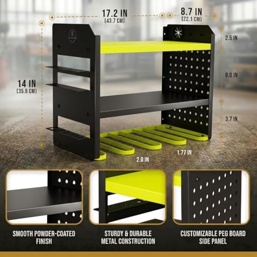 Power Tool Organizer Wall Mount – 3-Tier Heavy-Duty Steel Rack, 4 Drill Slots, Pegboard + Utility Side, 100 lb Capacity – Garage, Workshop & Shed Storage (Green) - view 4