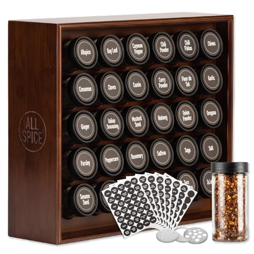 Spice Rack Organizer, Wood, 525 Unique Labels, Countertop or Wall Mount, Includes 30 4oz Jars- Walnut Stain