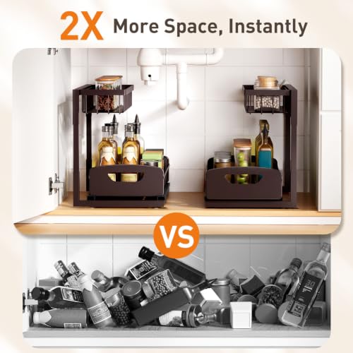Under Kitchen Sink Organizer, Metal Pull Out Bathroom Organizers and Storage, 2-Tier Cabinet Organizer Shelf with Sliding Drawer, Home Organization for Kitchen, Laundry, Pantry, Brown, 2 pack - view 2