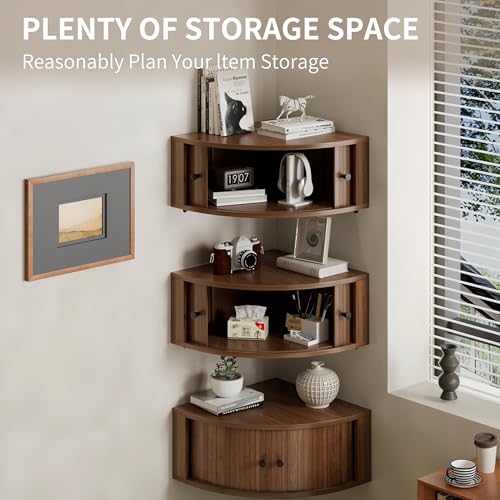 Corner Shelves Wall Cabinet Set of 3, Floating Corner Shelf Organizer with Sliding Doors, Fluted Wall Cabinet for Living Room, Bedroom, Office, Small Space, Walnut (Curved, 15.74“) - view 3