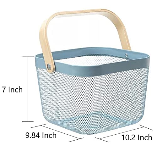 Metal Mesh Steel Basket, Storage Organizer Basket Multi-functional Hanging Kitchen Baskets Fruit Basket Bin with Bamboo Handle for Kitchen Bathroom Picnic Shopping Decor Cabinet Home, Blue - view 4