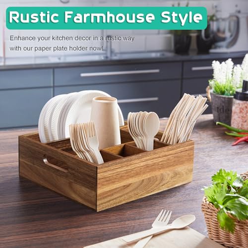 Acacia Wood Utensil Holder for Party - Paper Plate Organizer for Countertop - Silverware Caddy with 6 Compartments for Plate, Cup, Fork, Spoon - Cutlery Holder for Kitchen Camping Buffet - view 4