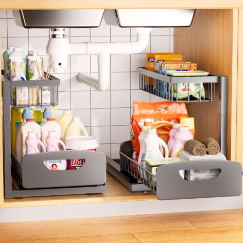 Under Kitchen Sink Organizer, Metal Pull Out Bathroom Organizers and Storage, 2-Tier Cabinet Organizer Shelf with Sliding Drawer, Home Organization for Kitchen, Laundry, Pantry, Light Grey, 2 pack