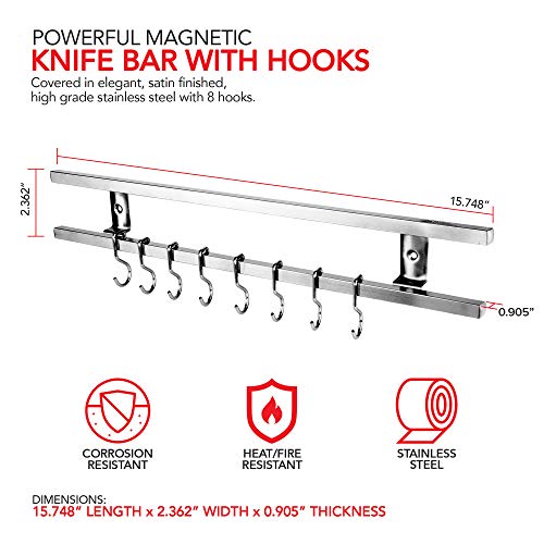(16 Inch Stainless Steel Metal Magnetic Knife Holder, Wall Mount Double Bar with 8 Hooks - Multipurpose Knife Magnetic Strip, Utensil Hanger, and Kitchen Storage Rack Magnet - view 2