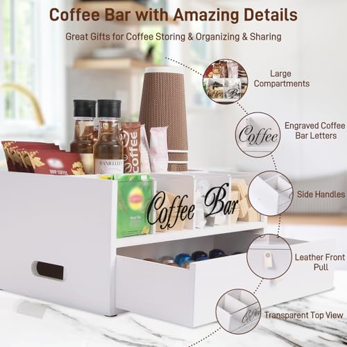 2-Tier Coffee Bar Organizer with Clear Acrylic Top, Built-in Drawer and Leather Handle Pull for Countertop, Stylish Coffee Station Storage Box for Accessories, Pods, Great Gifts for Home - view 7