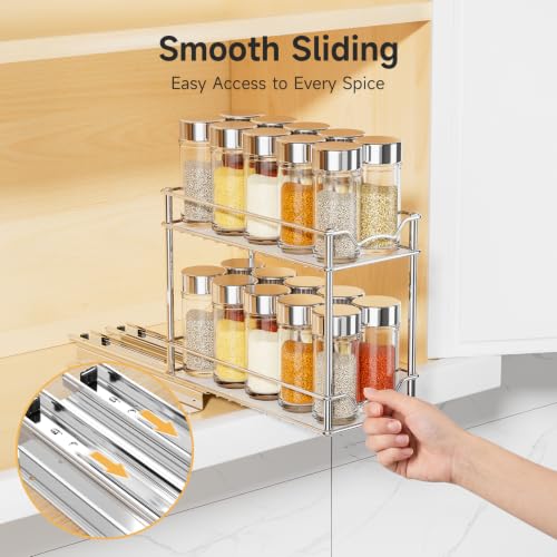 2 Pack Pull Out Spice Rack for Inside Cabinet, 2 Tier Chrome Spice Organization for Cabinet, Vertical Sliding Out Spice Rack Organizer for Seasoning, 10.4''D×4.8''W×9.3''H - view 2