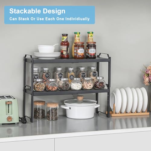 25.5 Inches 2 Pack Expandable Cabinet Shelves, Stackable Shelf Organizer for Kitchen Cabinet Countertop Storage, Adjustable Counter Cupboard Pantry Organizer Shelf Rack Stand Riser, Black - view 3