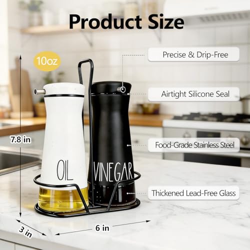 Oil And Vinegar Dispenser Set with Caddy - 2 Pack Oil Dispenser Bottles for Kitchen with No-Drip - Kitchen Decor and Accessories for Home Restaurants Weddings, Black & White - view 5