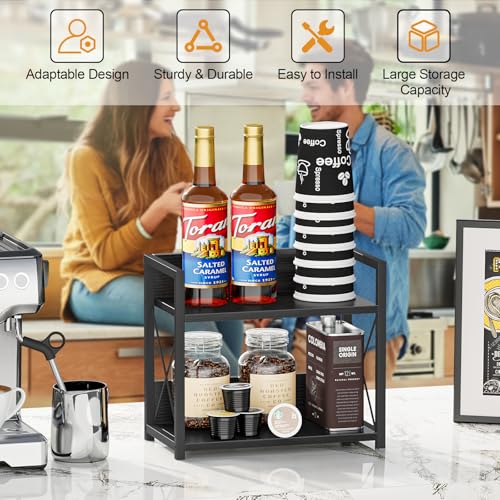 Kitchen Counter Shelf, 2 Tier Kitchen Spice Rack Organizer for Countertop, Wood Coffee Bar Organizer for Home (Black, S) - view 7