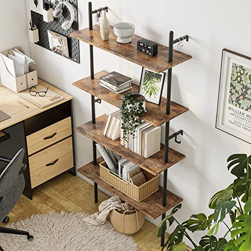 65" Industrial Wall-Mounted Ladder Shelf 4 Tier Bookshelf with Storage Organizer Plant Flower Display Stand Round Tube Bookcase Rack with 2 Hooks for Home Office,Large,Rustic Brown - view 6