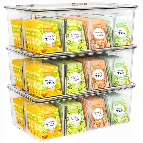 Tea Bag Organizer with Lids, Stackable Tea Box, 3 Pack, Clear
